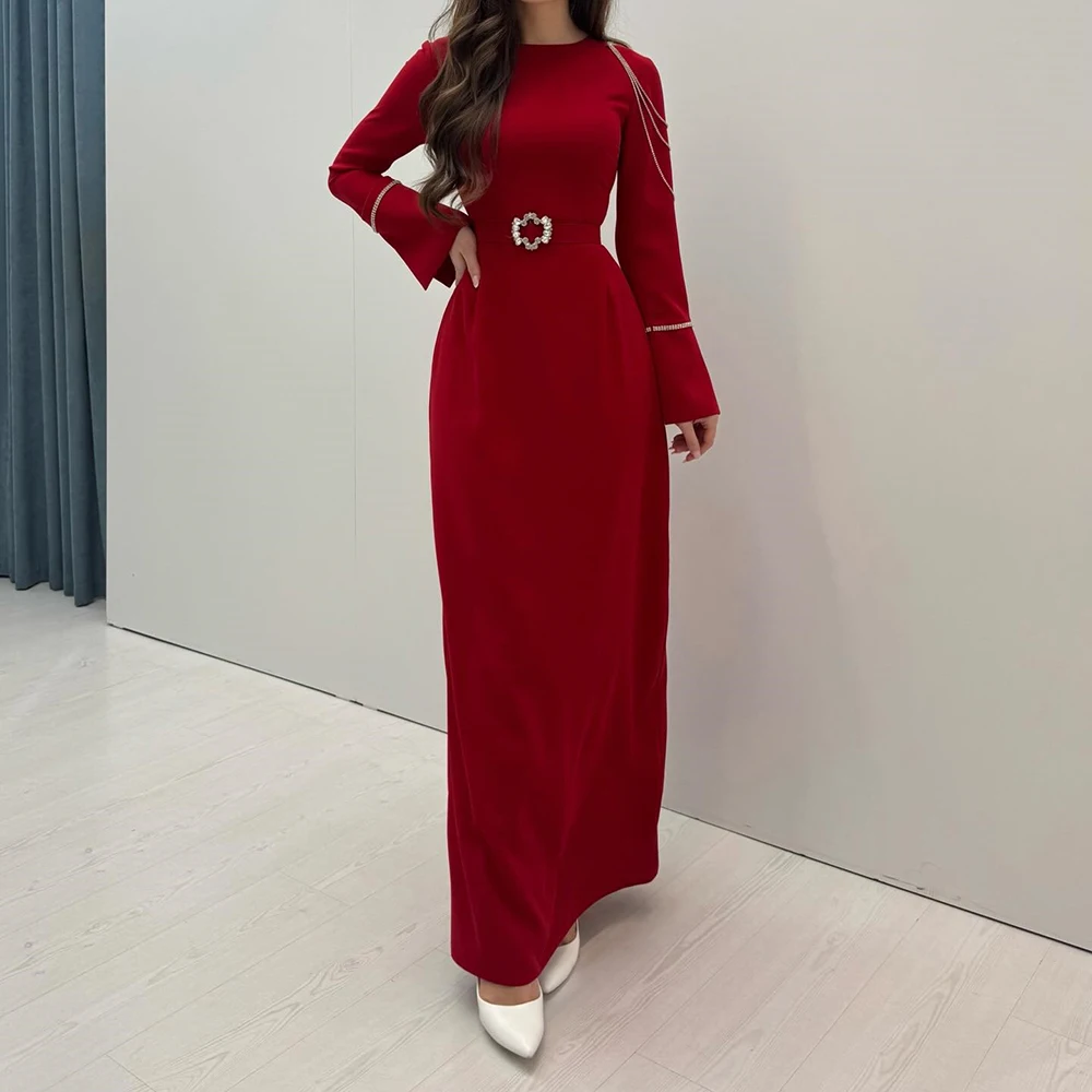 

Customized A-line Evening Dresses Ankle-length O-neck Full Sleeve Prom Gown Fashion Crystal Sashes Simple Draped Party Gown