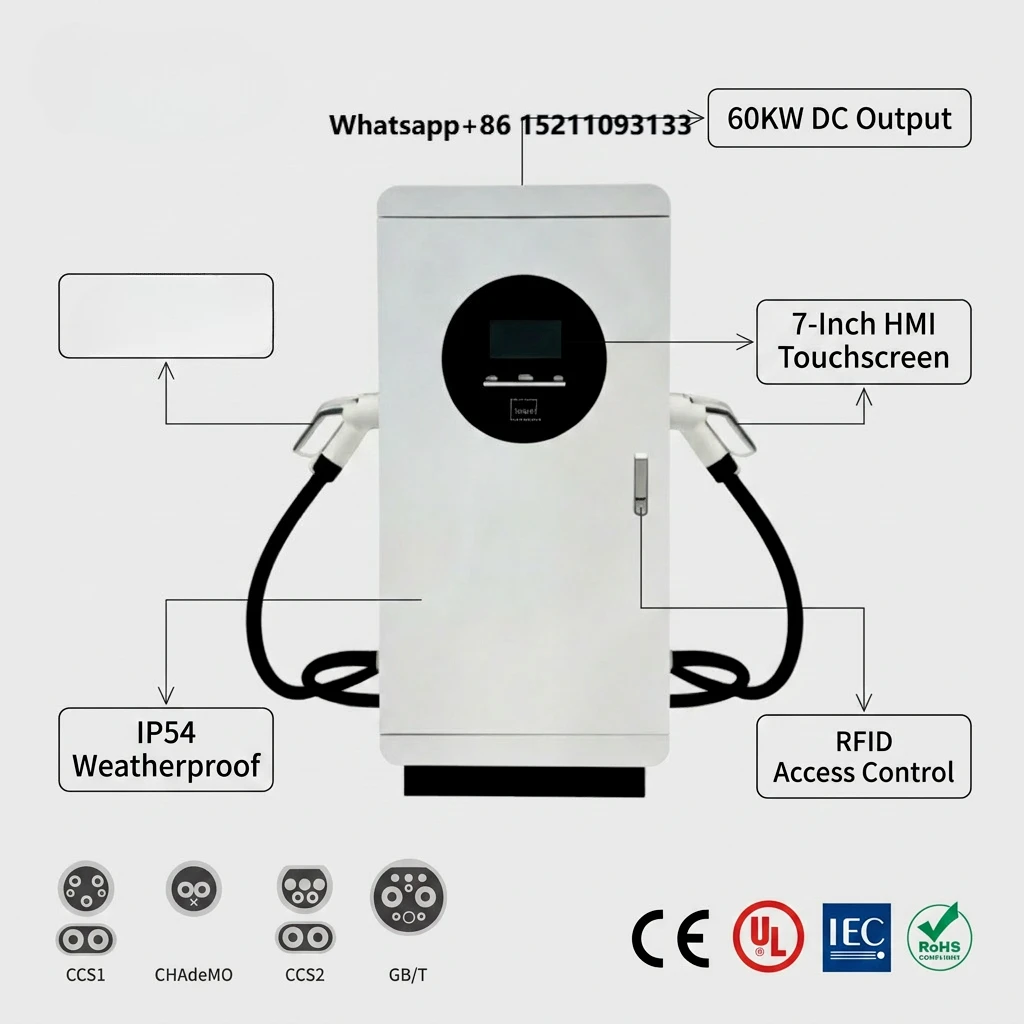 40KW 60KW GBT Dual  DC EV Charging Station 7 Inch Touch Screen OCPP 1.6J 4G RFID IP54 3 Phase Electric Car Charging Station