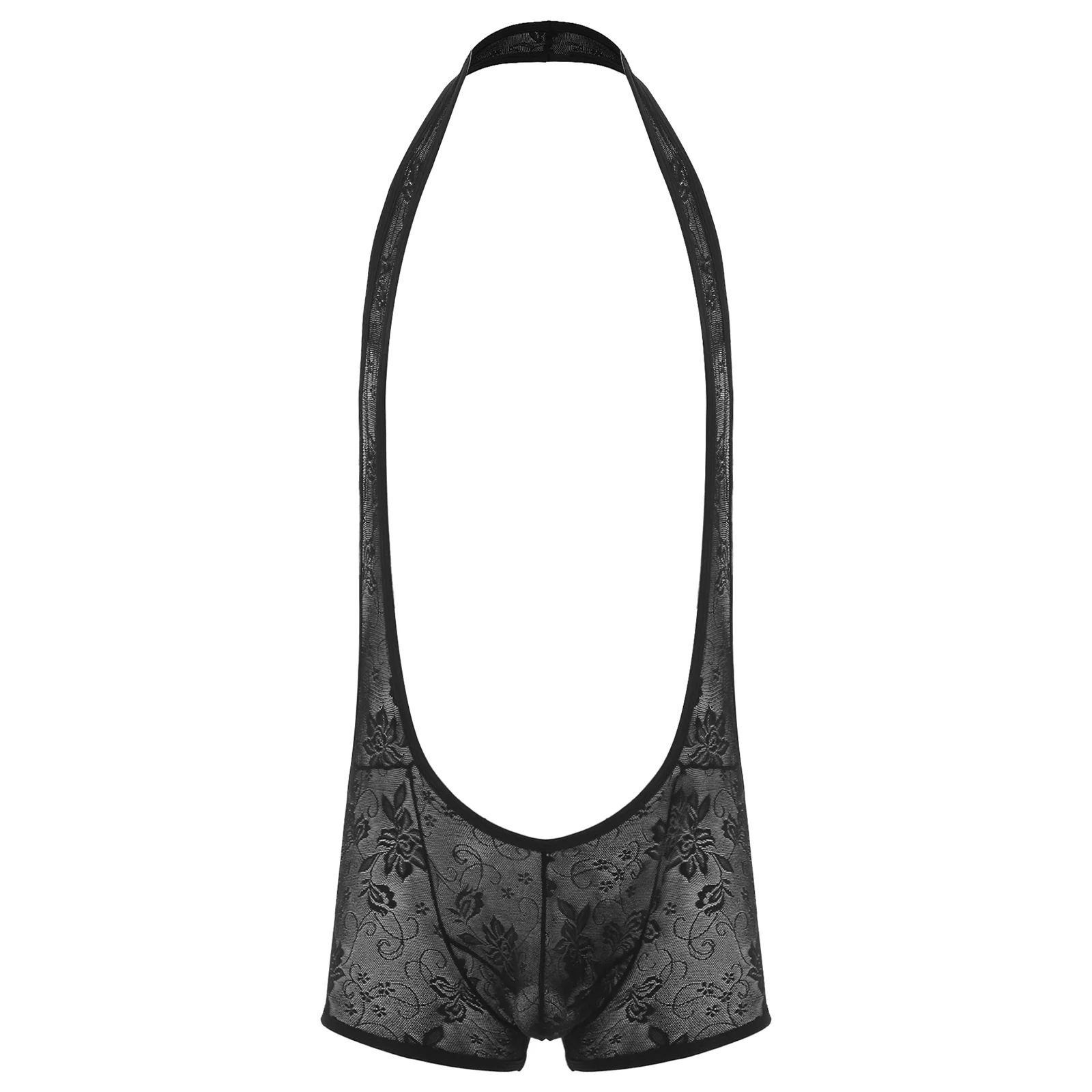 

Men Sexy Hollow Out Open Butt Lingerie Lace Bodysuit Backless Halter Neck Jumpsuits Bulge Pouch Singlet Underwear Nightwear