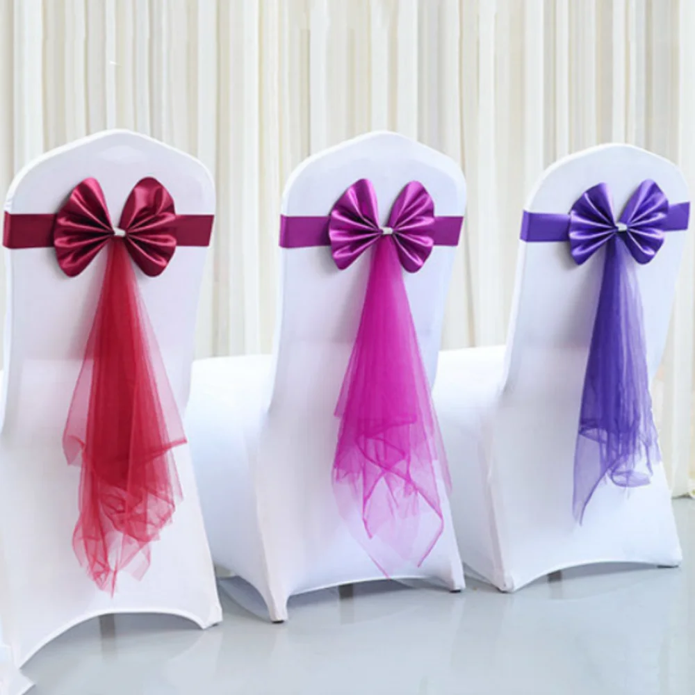 Wedding Chair Decoration Organza Chair Sashes Stretch Bow Knot Elastic Chair Bows With Ribbon Wedding Birthday Party Decoration