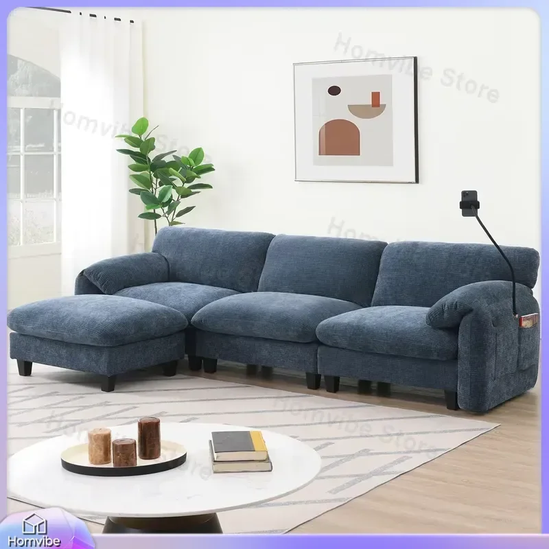 L Shape Sectional Sofa with Ottoman Modular Couch Extra Wide Seat Cushion USB Type C Charger Phone Holder Living Room Sofa