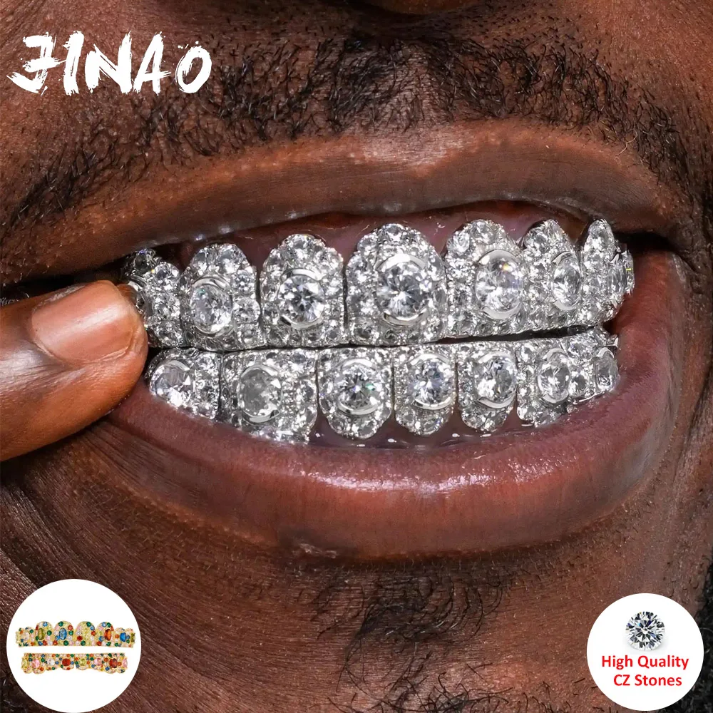 JINAO Hip Hop Full Iced Out 8 Teeth round Colourful Set Grillz Men Women Top&Bottom Grill Punk Rapper Halloween FLame Cosplay