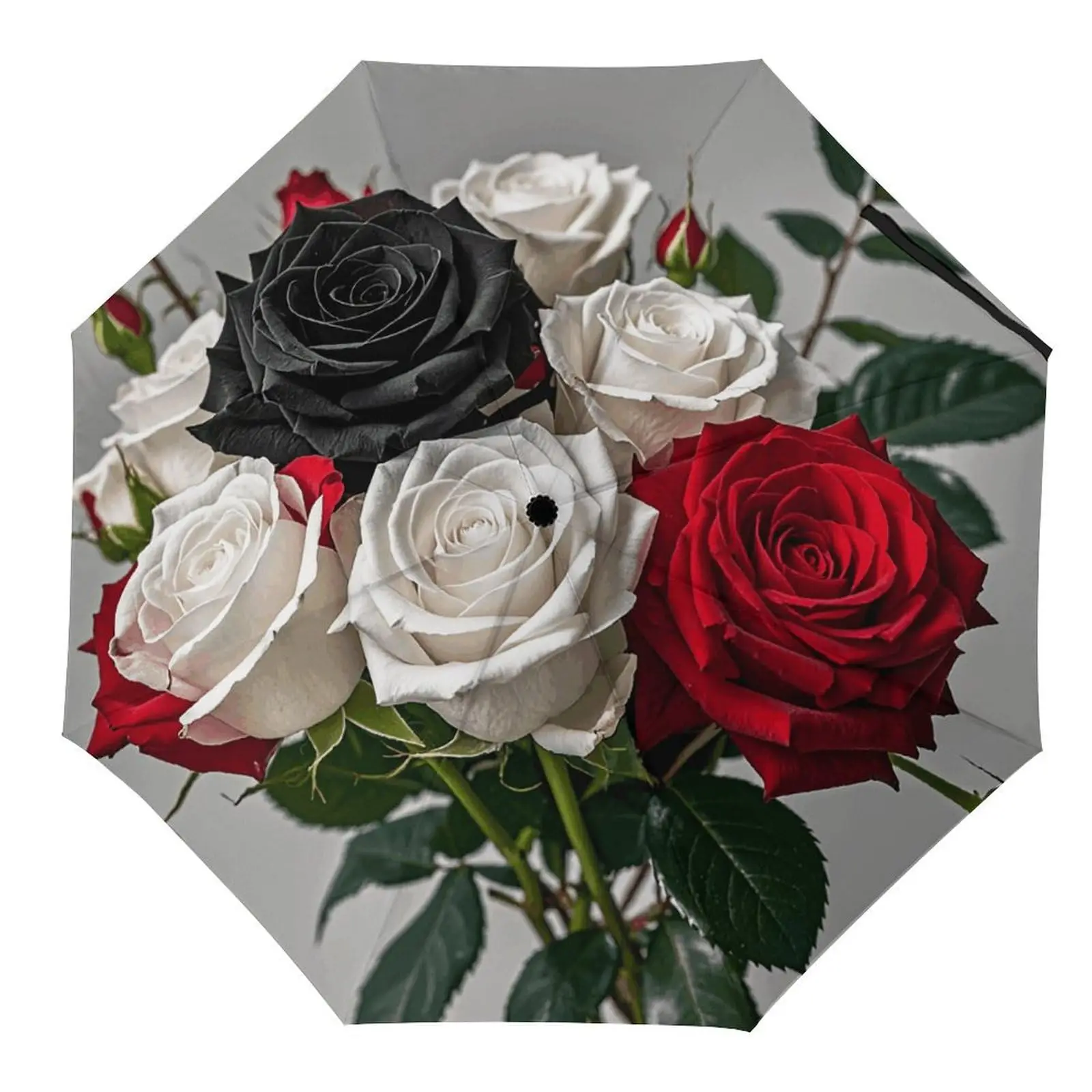 Rose Floral Umbrella Romantic Valentine's Day Flower Folding Umbrella, Hand Opening, 8 Ribs, for Both Sunny and Rainy Weathers