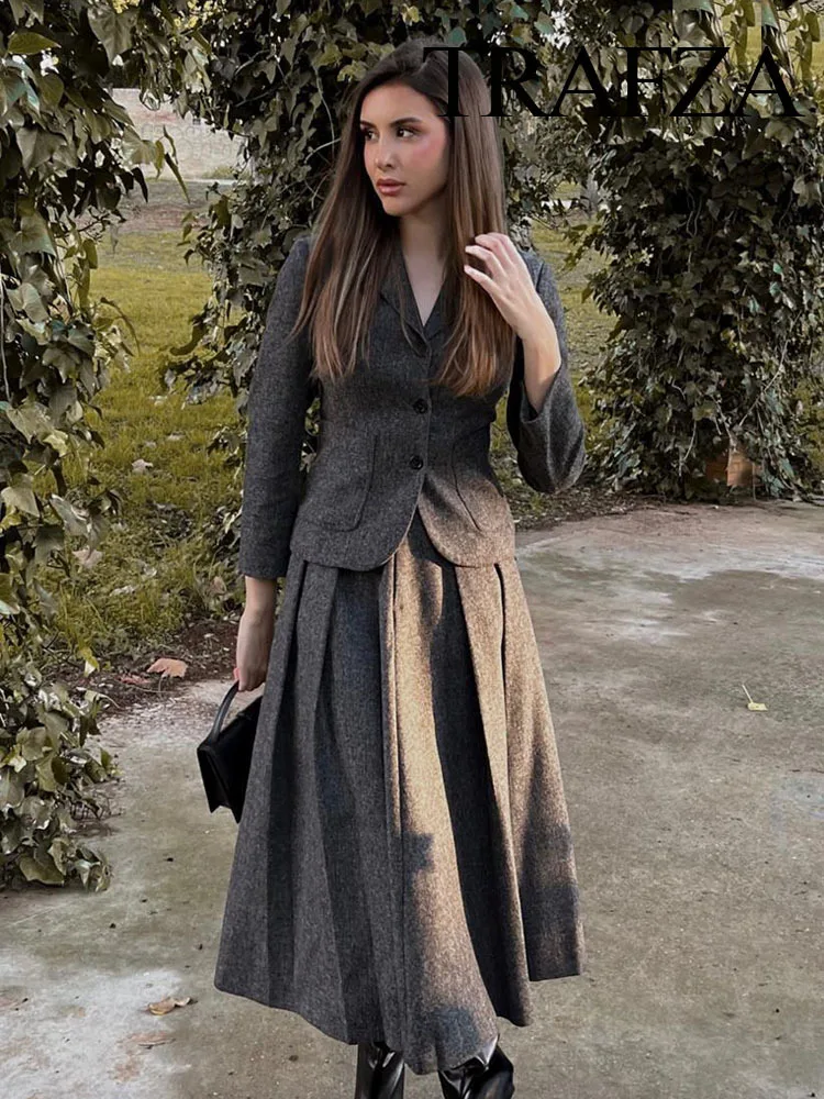 New 2023 Autumn Women Fashion Sets Solid V Neck Tight Blazer + A Line Loose Comfortable Minimalism Style Female Long Skirt