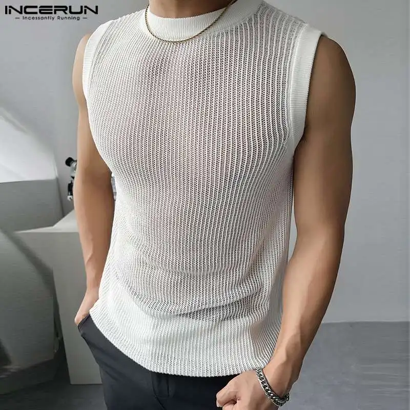 2024 Men Tank Tops Mesh Transparent Solid Color O-neck Sleeveless Summer Male Vests Sexy Streetwear Fashion Men Clothing INCERUN