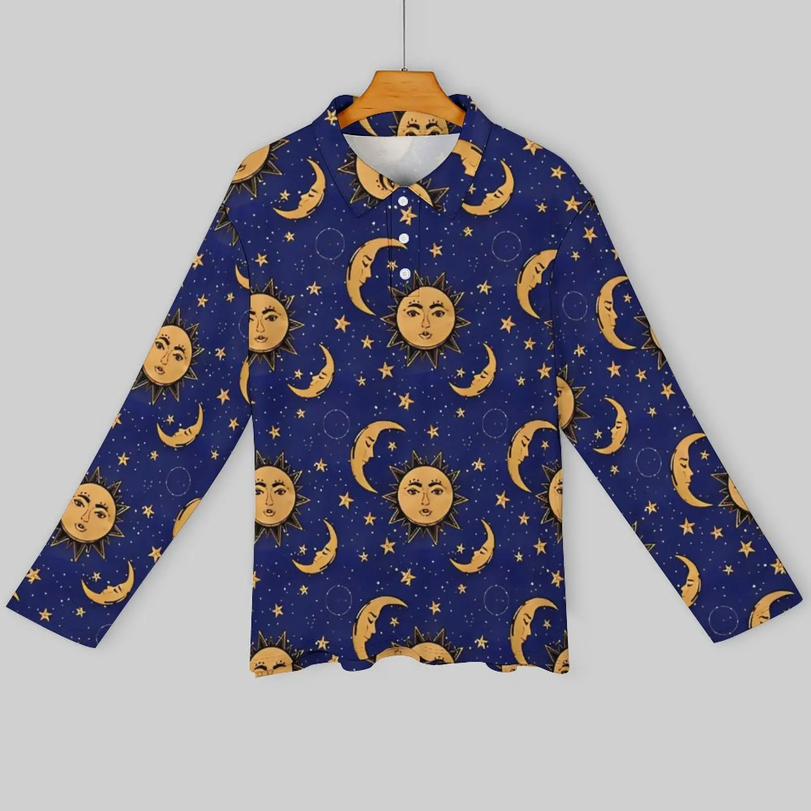 Vintage Moon And Sun Stars Casual Polo Shirt  T-Shirts Long Sleeve Graphic Shirt Spring Fashion Oversized Tops Birthday Gift