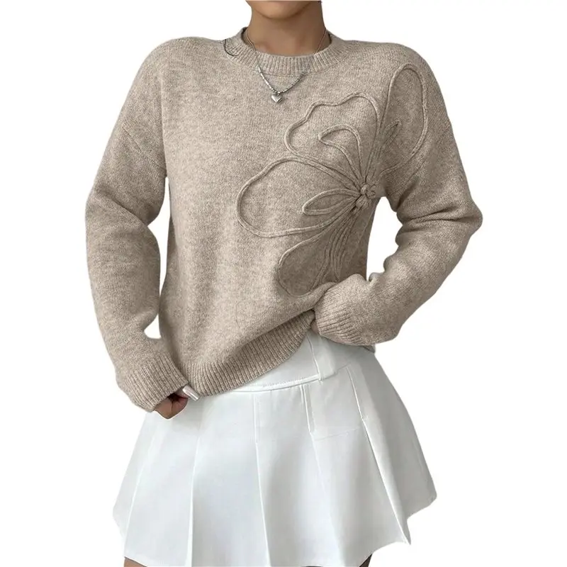 

ABRT-Women's 3D Floral Appliques Crewneck Sweaters Long Sleeve Drop Shoulder Pullovers Elegant Knit Tops