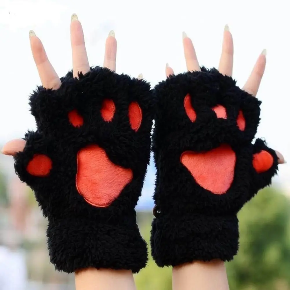 น่ารักน่ารักยี่ห้อใหม่ Fluffy Cat Multi-สี WARM Soft Plush ฤดูหนาว Bear PAW Fingerless ถุงมือ