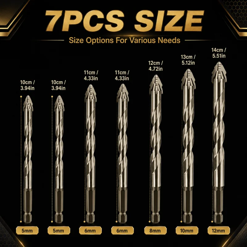 7Pcs Carbide Cross Tip Drill Bits Hex Shank Multi‑Purpose Drilling for Tile Brick Glass Wood Concrete