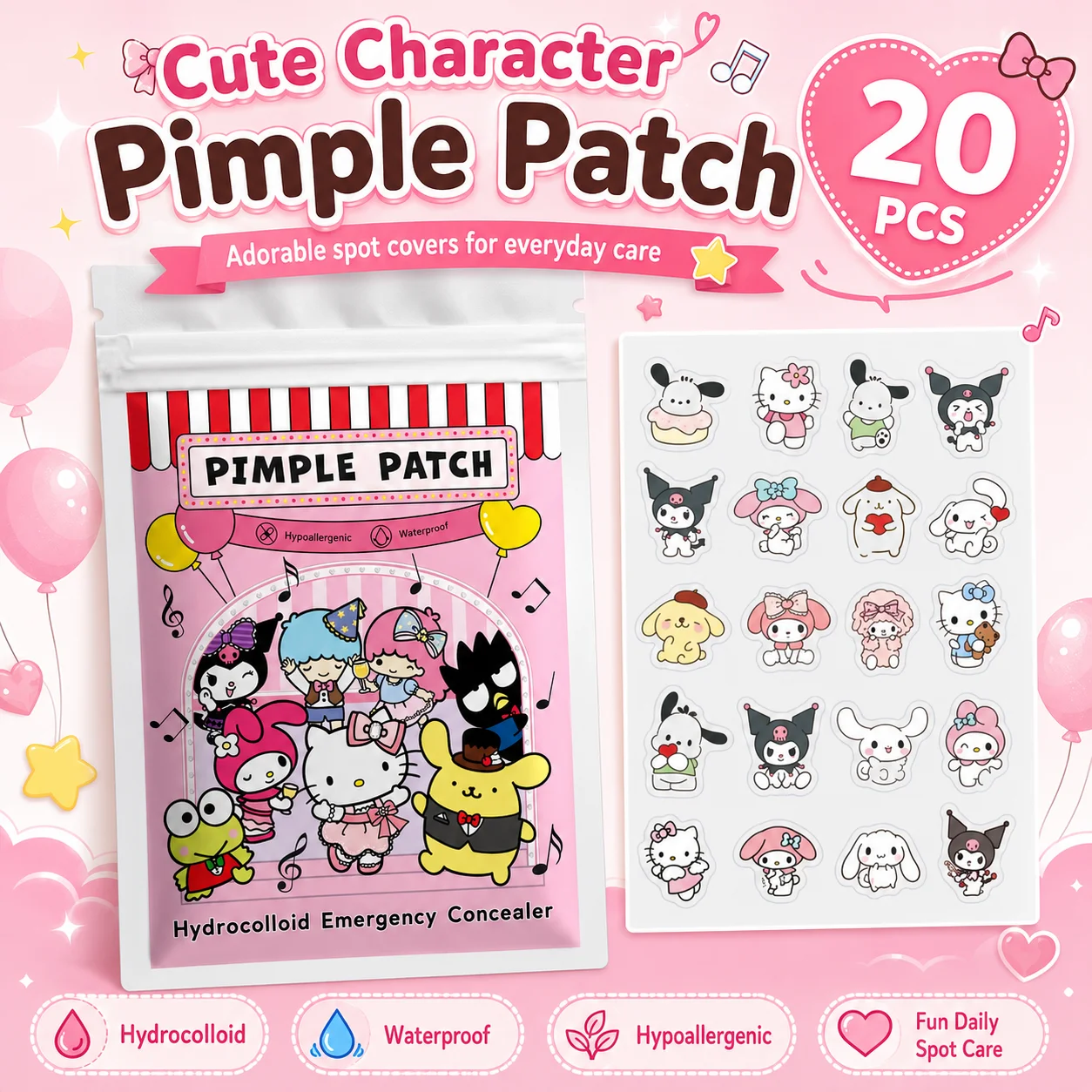 20/100pcs Hello Kitty Hydrocolloid Pimple Patch Set, Cute Cartoon Spot Stickers, Waterproof Invisible Face Care Patches view 2