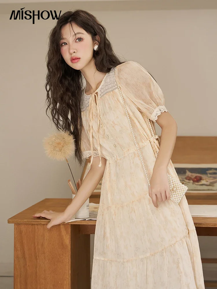 MISHOW French Temperament Long Dress for Women 2023 Summer Puff Sleeves Elegant O Neck Both Side Lace-up Waist Dress MXC38L1471