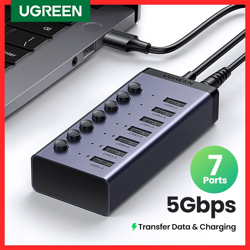 UGREEN USB C Hub 7-Port USB3.0 Splitter مع مؤشر LED بمفتاح إيقاف/تشغيل فردي لأجهزة الكمبيوتر المكتبية والكمبيوتر المحمول وموسع منافذ USB