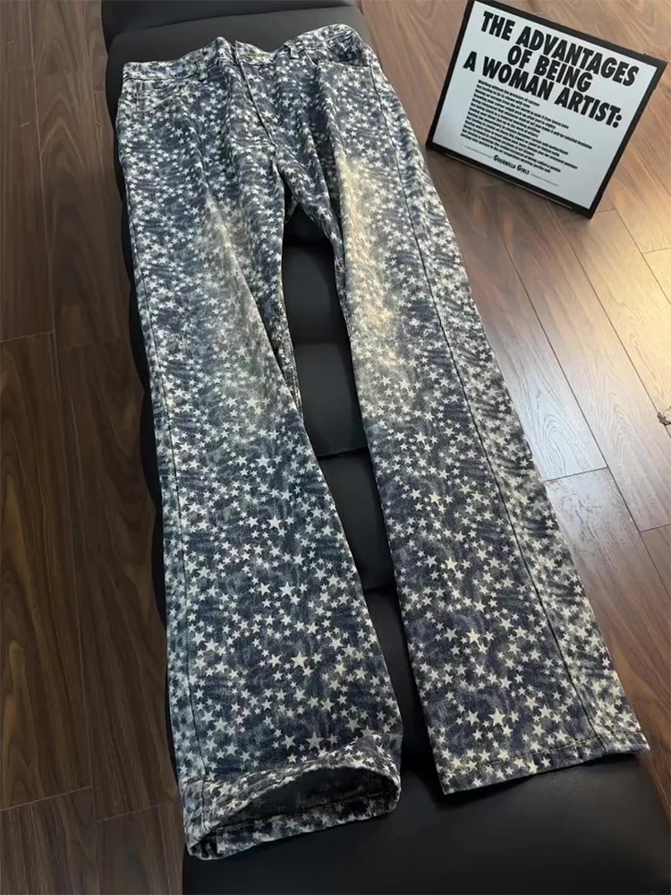 

American High Street Star Denim Jeans Men's Winter Trendy Haome Straight Leg Bell Bot Slimming Long Trousers