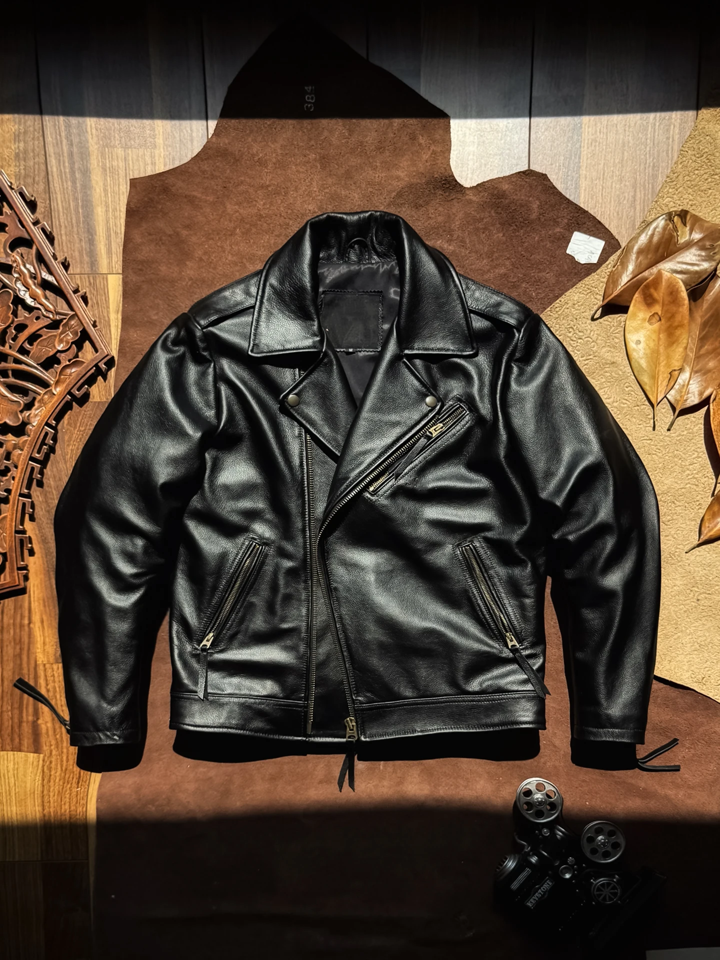 

Biker Leather Jacket Vintage Distressed Hard Tea-core Cowhide Jacket Stand Collar Slim Fit Clicker Leather Jacket