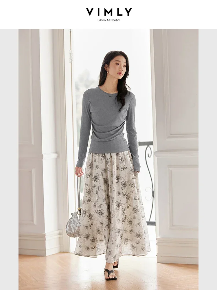 VIMLY Gonna lunga da donna con stampa floreale 2025 Autunno Elegante Office Lady Moda allentata Semplice Casual Elastico in vita Gonna a trapezio A0390