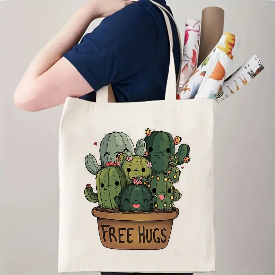 

Cute Cartoon Cactus "free Hug" Canvas Shoulder Bag Fashionable Women Tote Handbag Lightweight Shopping Bag Trendy Accessory