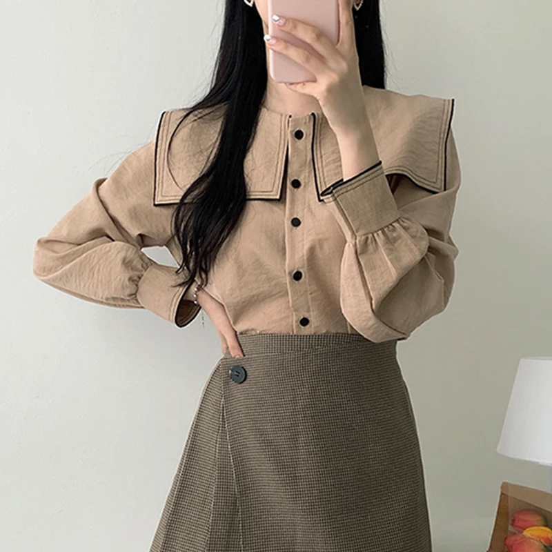 Csa de Mujer Vintage con Cuello de Muñeca, Bloques de Color, Manga Larga, Corte Hoado, Botón Único, Versátil, Moda Prima...