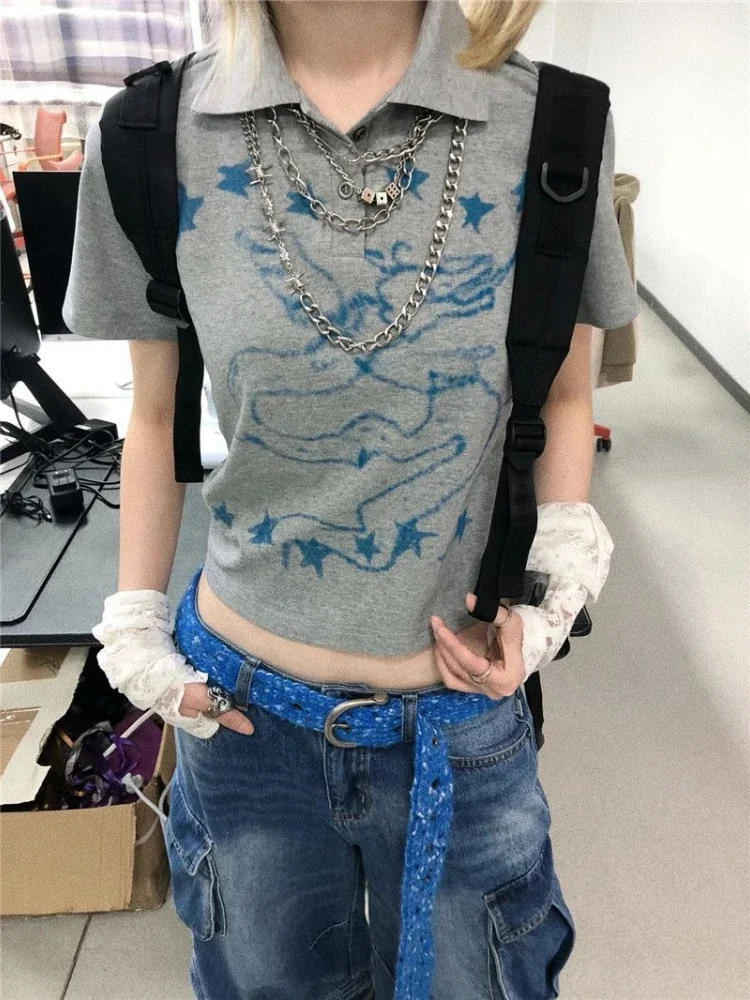 

Deeptown Gray Cartoon Print Women Cropped T-Shirts Y2k Short Sleeve Polo Collar American Vintage Tee Slim Harajuku Casual Summer