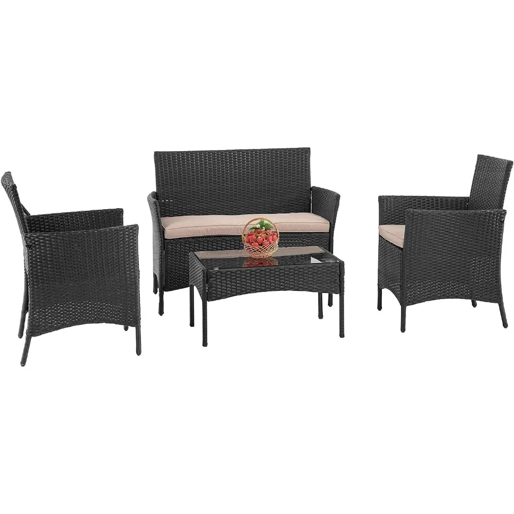 

Rattan Furniture Wicker Chair Patio Bristo Set for Outdoor Indoor Use with Loveseats Coffee Table,Khaki Cushion, 4-Pieces