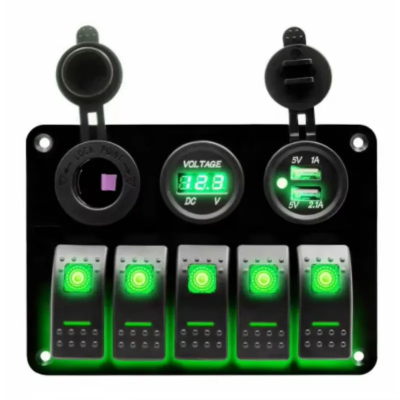TYTXRV 12V-24V 5-Way RV Marine Boat Switch Panel Green Backlight Rocker Switch Panel for Automotive Caravan Car Truck