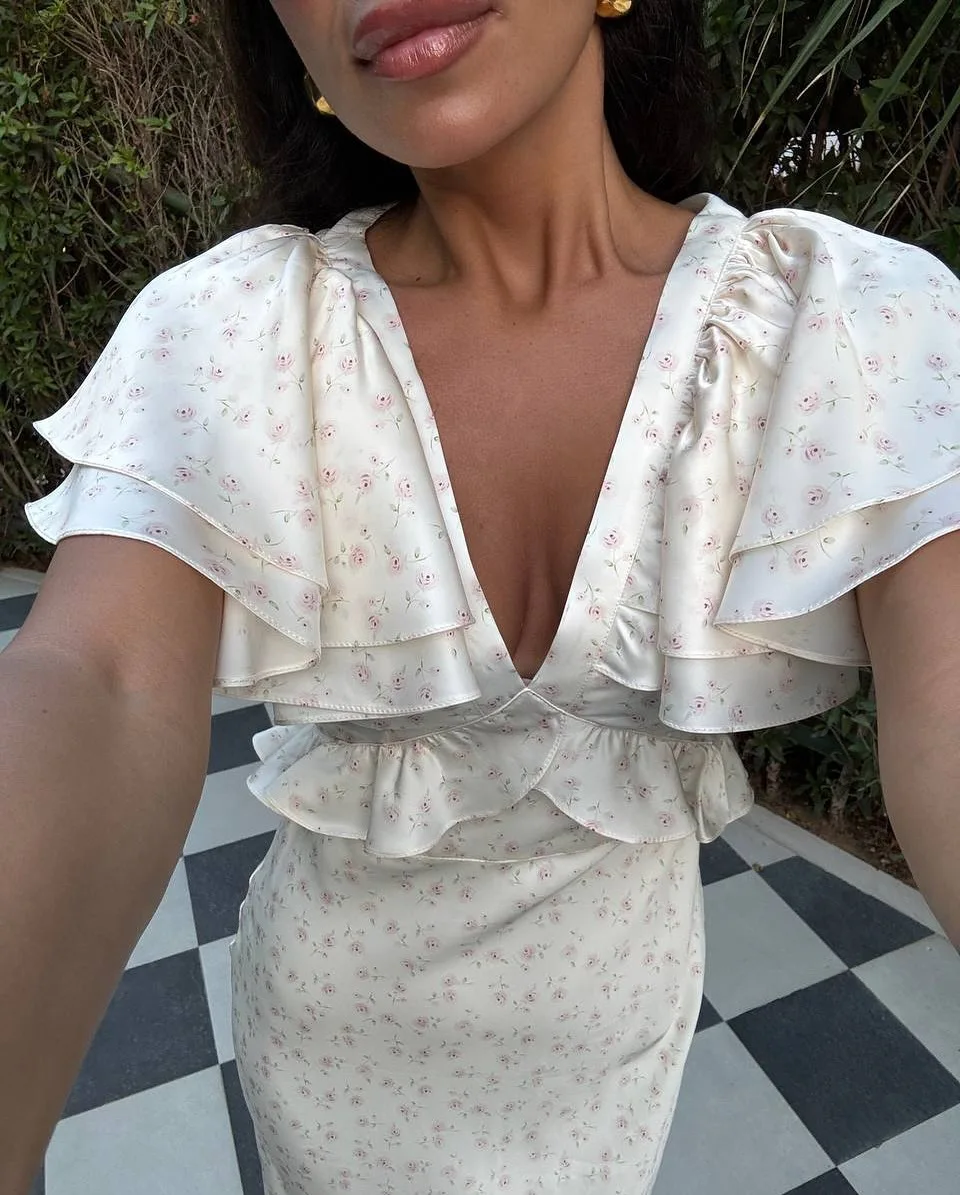 Womens Dresses 2025 Summer New Woman Clothing V Collar Ruffles Sleeve High Waist Long One-piece Dress Gown