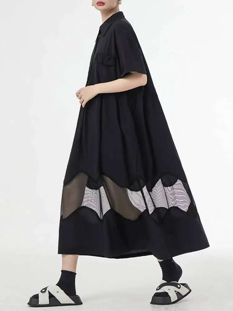 المرأة الأزرق منظور كبير الحجم قميص فستان جديد طية صدر السترة قصيرة الأكمام فضفاضة تناسب الموضة المد الربيع الصيف #4