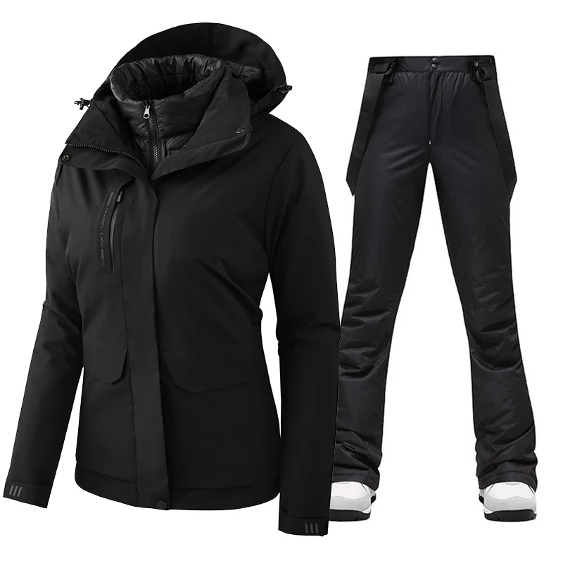겨울 여성 따뜻한 방수 방풍 스노보드 다운 재킷 및 스노우 바지, 스키 의상 오버올, 여성 다운 코트