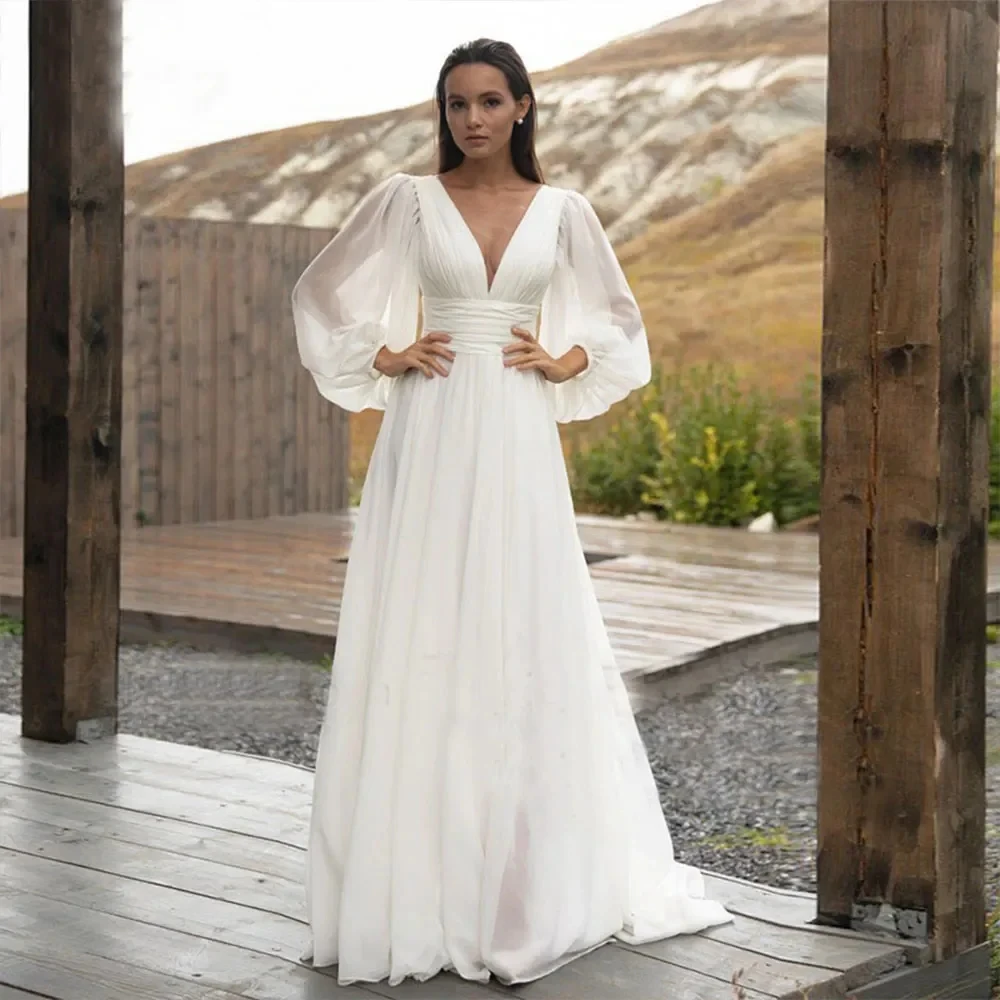 

Modest Minimalist Chiffon Wedding Dresses A-Line Beach Bridal Gown V Neck Pleat Puffy Sleeves Train Chiffon Vestidos De Novia