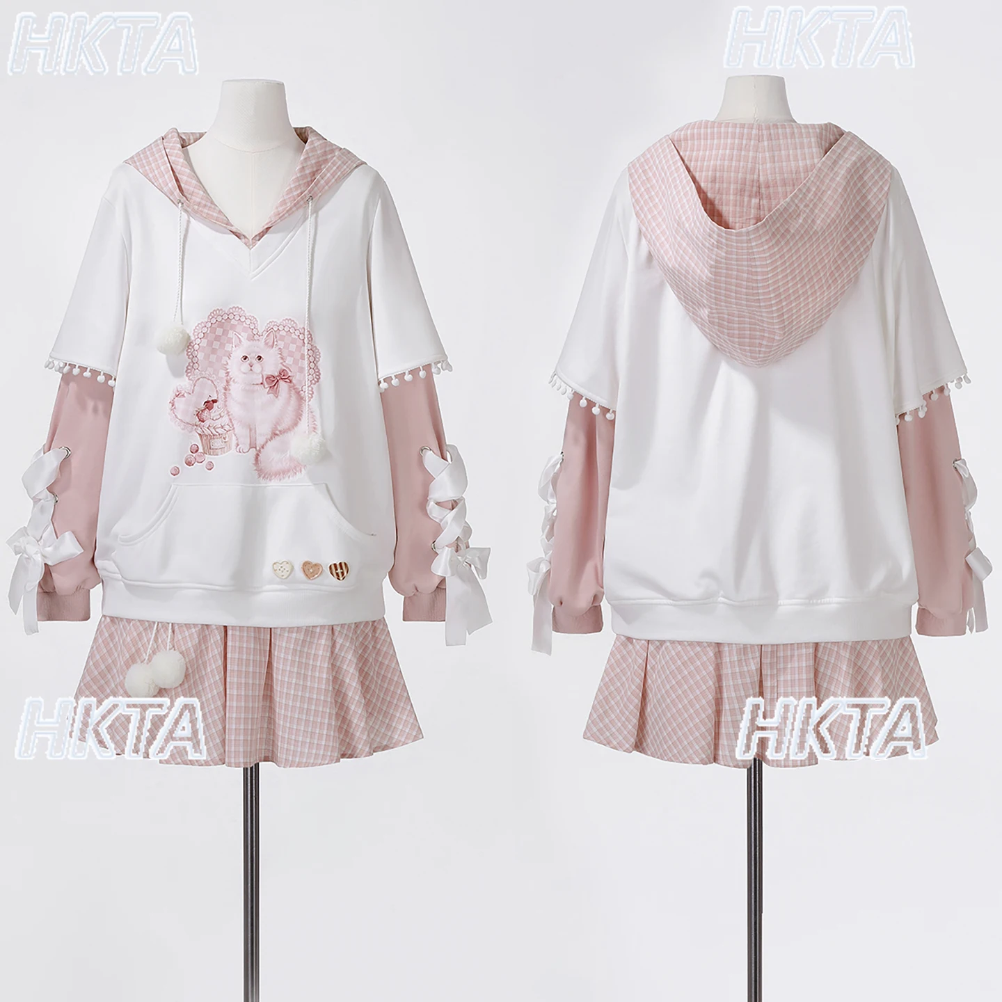 和風スイートキュートな刺繍入りラブストラップボウ付きルーズカジュアルチェック柄スウェットシャツコートAラインミニスカートセット女性用