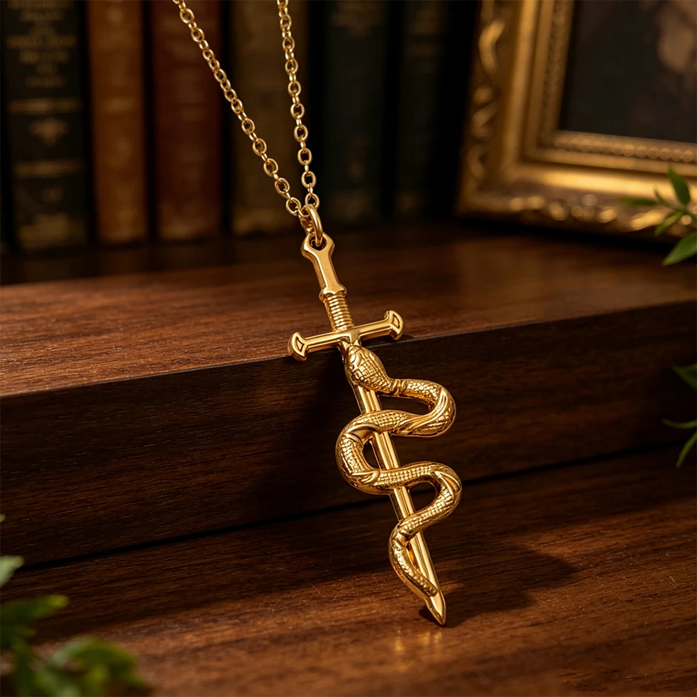 Vintage Snake-Wrapped Cross Sword Long Clavicle Chain Dark Style Snake Sword Pendant Necklace Party Photo-Ready Atmosphere Neck Accessory
