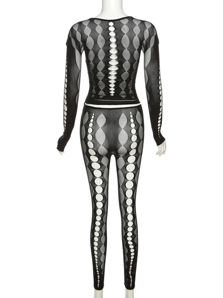 AltGoth Sexy See Through Mesh 2 Pieces Suits Women Streetwear Cyberpunk Mall Gothic Long Sleeve T-shirt High Waist Pants Suits