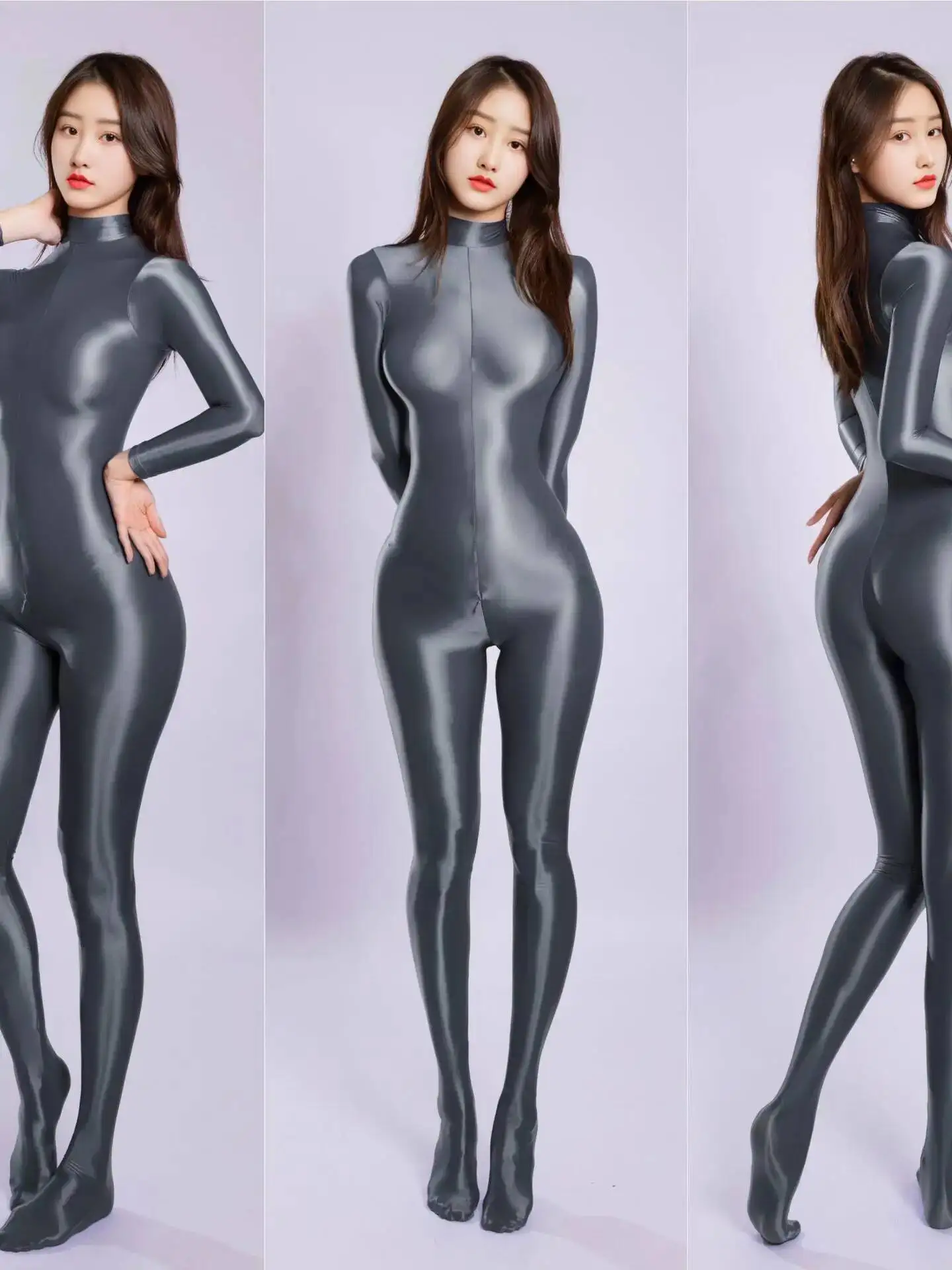 กางเกงเลกกิ้งกีฬาแบบยืดหยุ่นเงา กระชับสัดส่วน ซิปยาว แขนยาว บอดี้สูทเนื้อผ้าเรียบเนียนเงา ชุดลำลองใส่ในบ้าน ดีไซน์หรูหรา J9XD