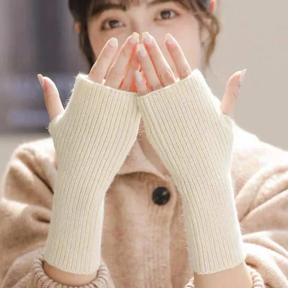 1 Pair Autumn Winter Short Arm Sleeves Half Finger Gloves For Women Solid Color Knitted Fingerless Gloves Hand Warmer Mittens