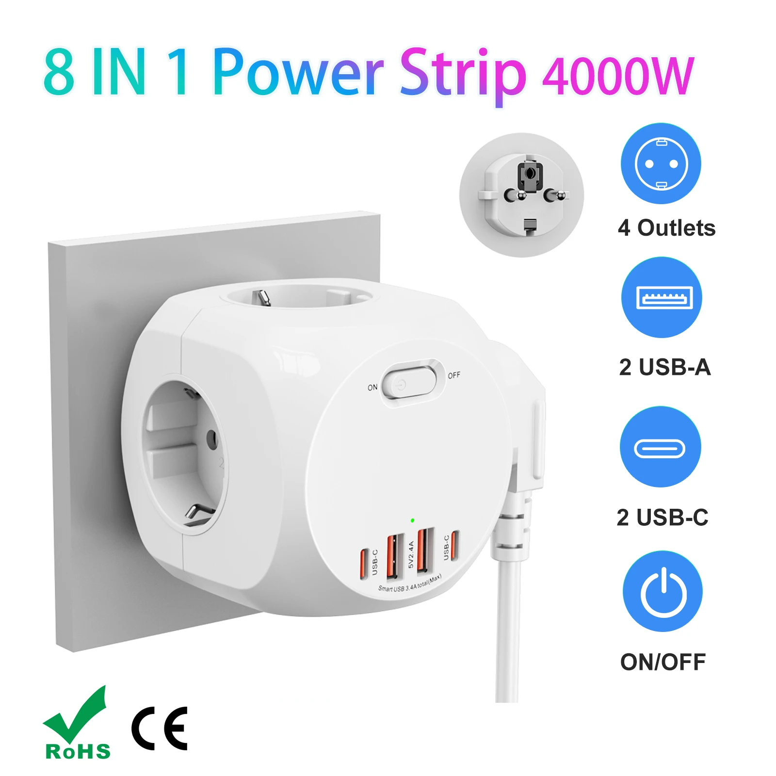 

Удлинитель с вилкой европейского стандарта, 4000 Вт, 4 розетки, 4 USB-порта, европейский адаптер с несколькими розетками, настенный переключатель включения/выключения для дома