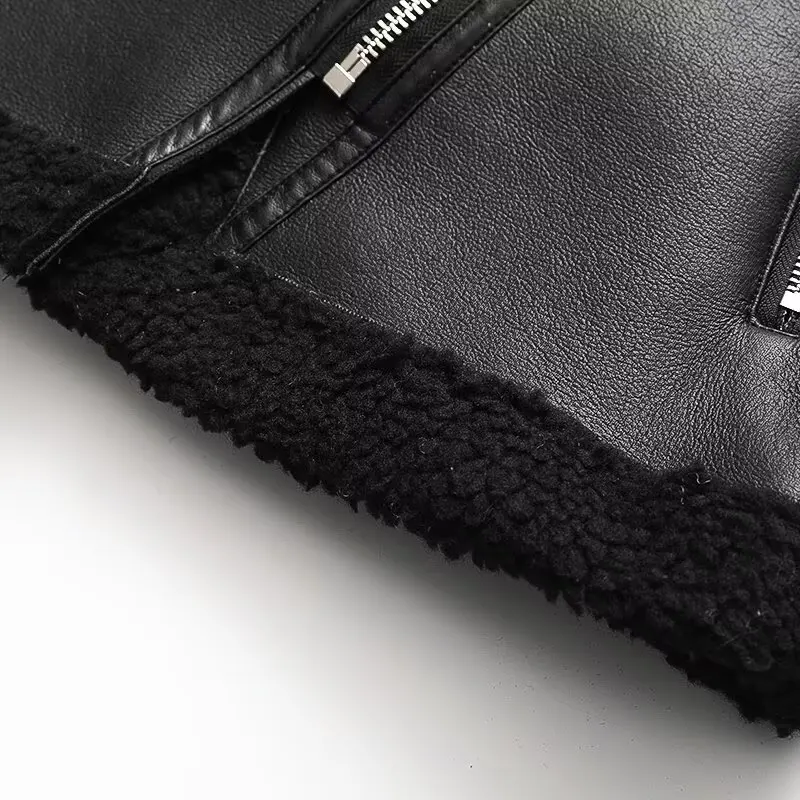 Giacca da donna in pelle e pelliccia, vestibilità ampia, con collo alto, patchwork, stile street, maniche lunghe, versatile, per autunno e inverno.