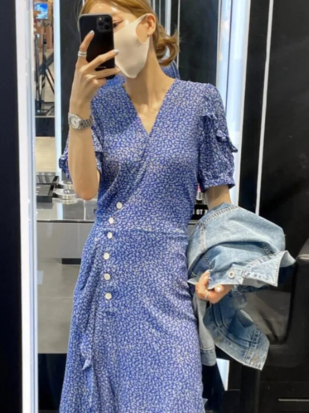 Ele Vintage Floral Dr Chic V-Ne Schlankheitsender einteiliger langer Rock ort Sve Damen Faion Summer Chinese Sle