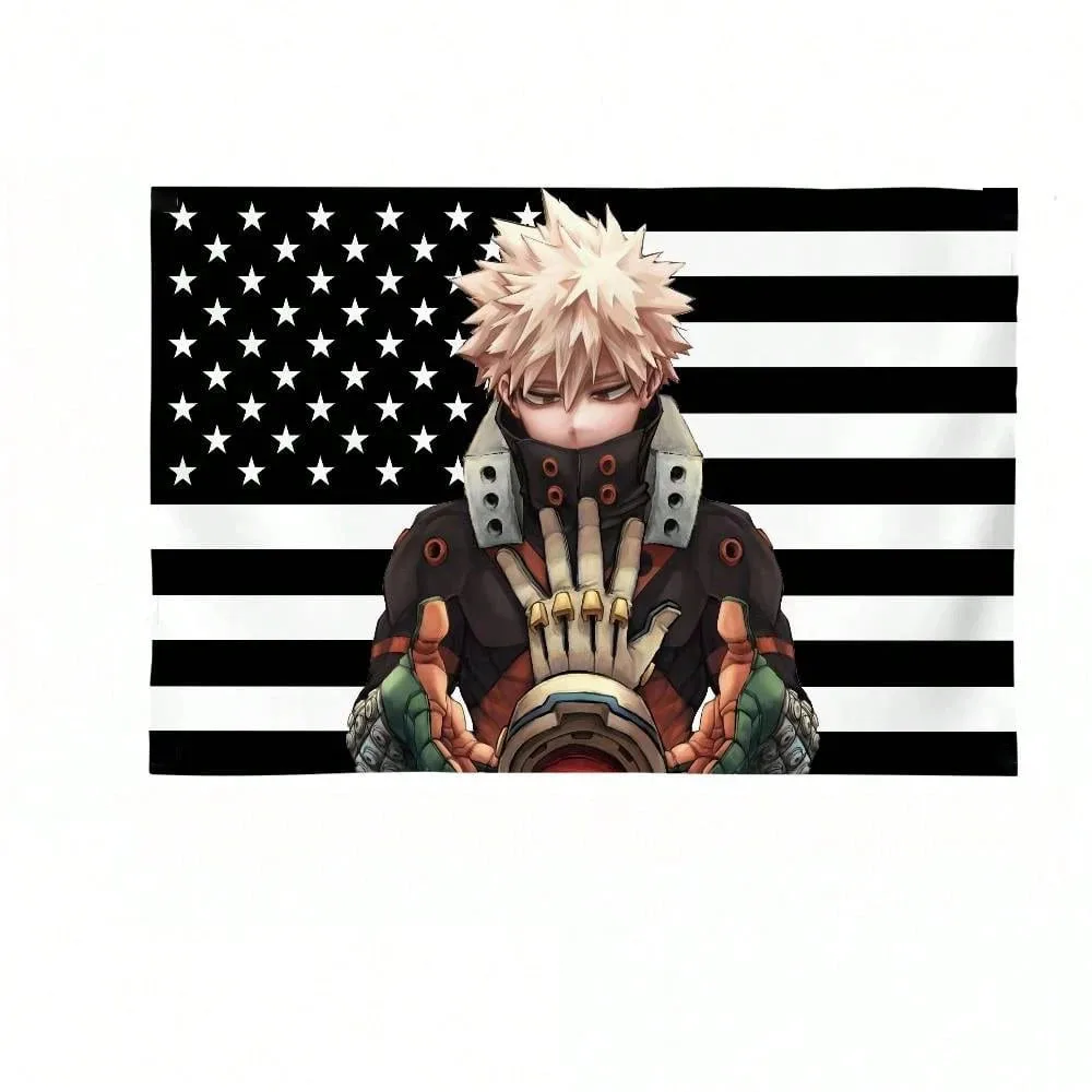 My Hero Academia Bakugo Katsuki Black & White American Flag Tapestry, Anime Wall Hanging for Bedroom Dorm Otaku Decor