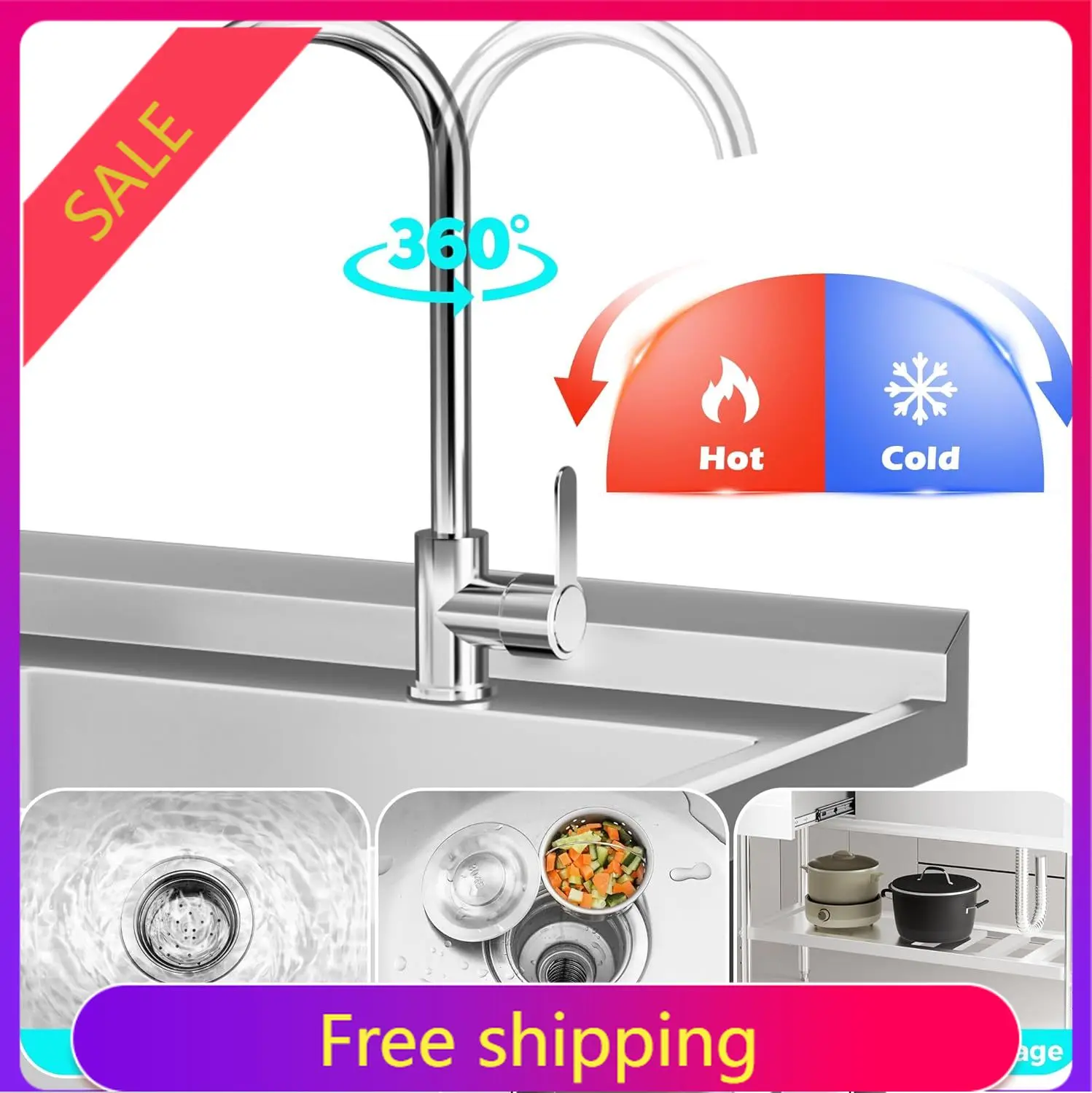

High Quality47" 304 Stainless Steel Sink, Free-Standing Commercial Sink with Workbench, Drawer Storage & Hot/Cold Water Pipes fo