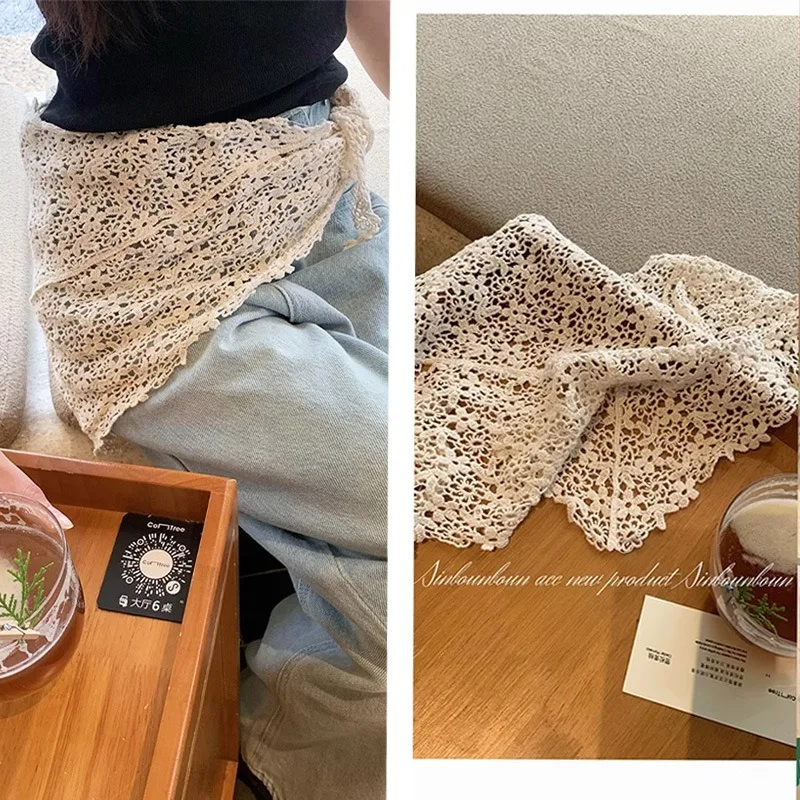 

Эстетичный многофункциональный шарф бежевого цвета с асимметричным принтом, шарф-пояс, вязаный крючком, многослойный, жаккардовый, кружевной, бандана для женщин