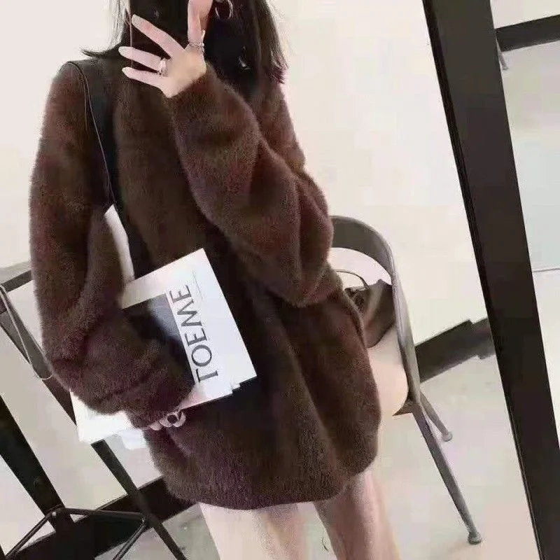 Flat O-Neck Mink Flocking Sweater for Women Loose Pullover 2023 Autumn and Winter Commuter Basic Knitwear Tops Base T333