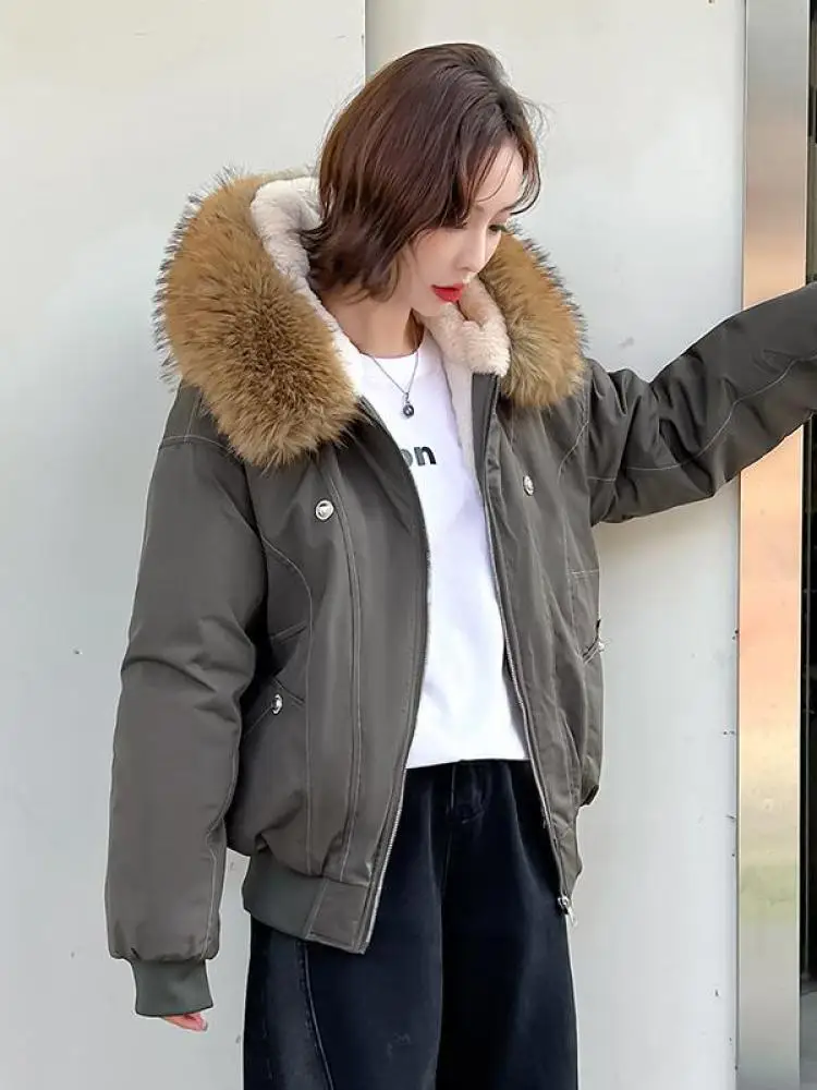 

Winter Black Green Thick Short Cotton Coat New Korean Women's Casual Loose Fur Collar Hooded Ladies Warm Jacket Parker Top Trend