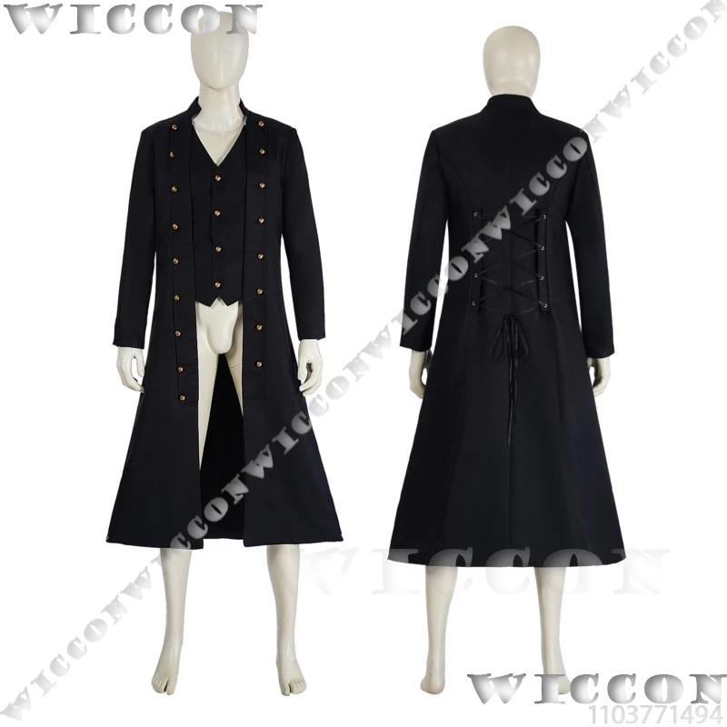 

2025 Мужская куртка в стиле стимпанк в стиле ретро, одежда в готическом викторианском стиле, черное длинное пальто для косплея, платье для Хэллоуина, карнавальный наряд