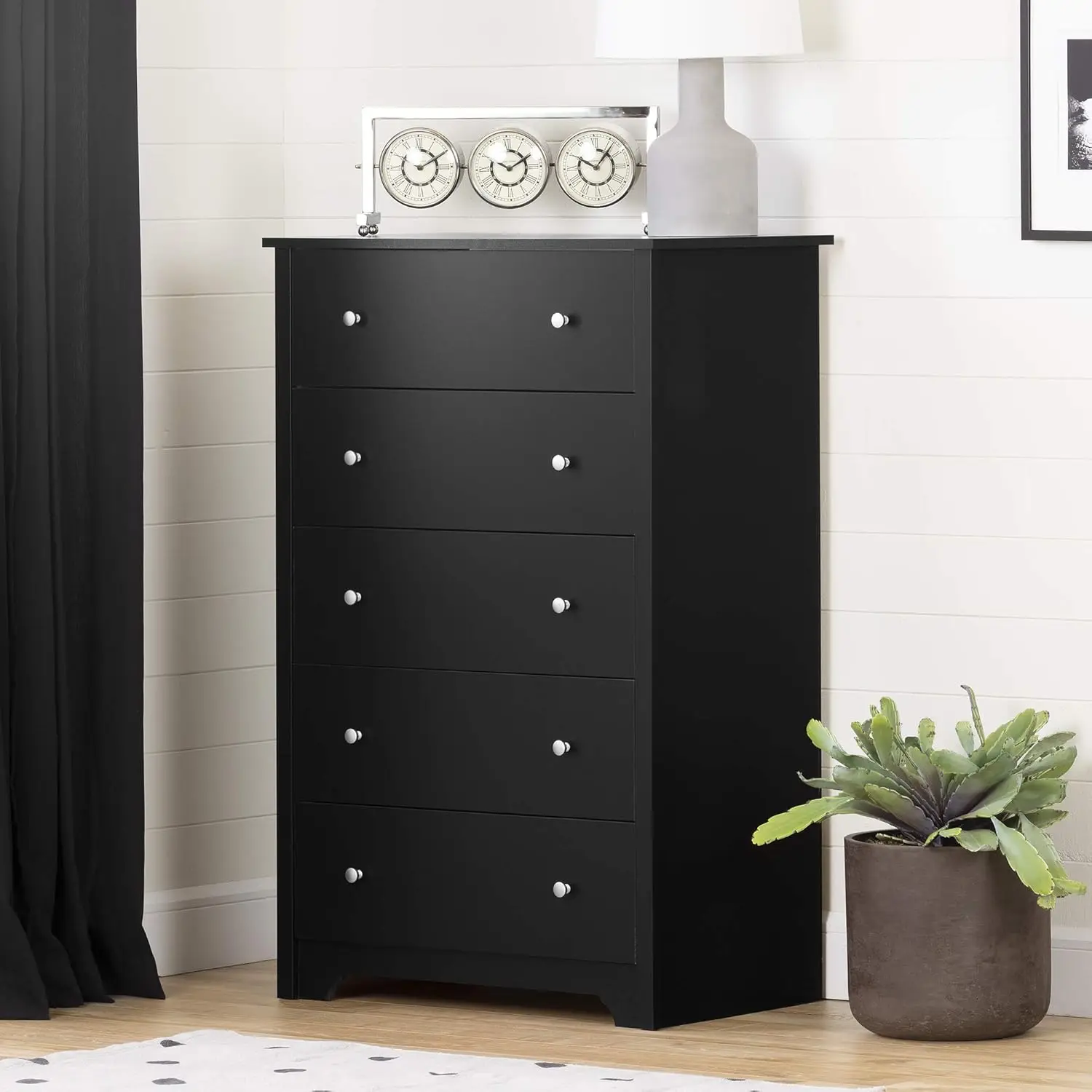 Vito Collection 5-Drawer Dresser, Black with Matte Nickel Handles, Pure Black