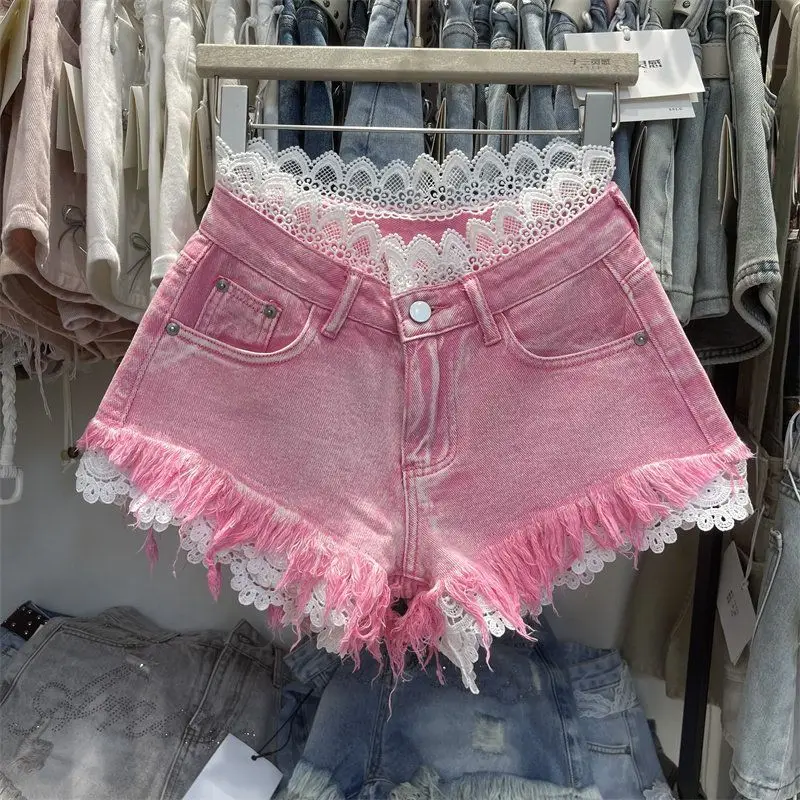 Pink Denim Shorts Women's Summer High Waist Rough Edge Lace Splicing Hot Pants