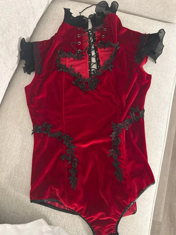 Wine Red Heart Cutout Strap Bodysuit Vintage Sexy High Neck Women Birthday Party Outfit Nightclub Bar Stage Performance Leotard