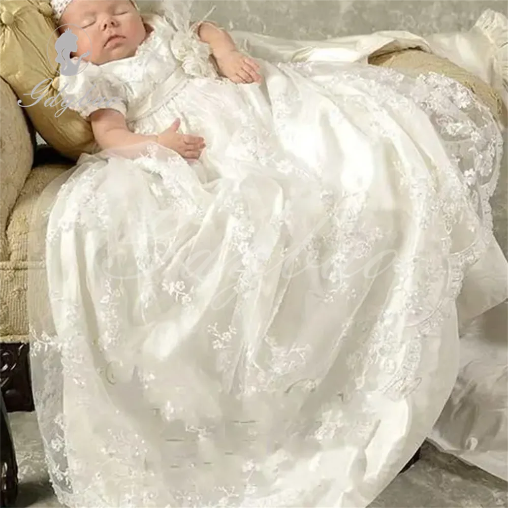 White Lace Baby Girl Christening Gowns Long Newborn Kids Toddler Baptism Party Dresses First Birthday Outfits Wedding