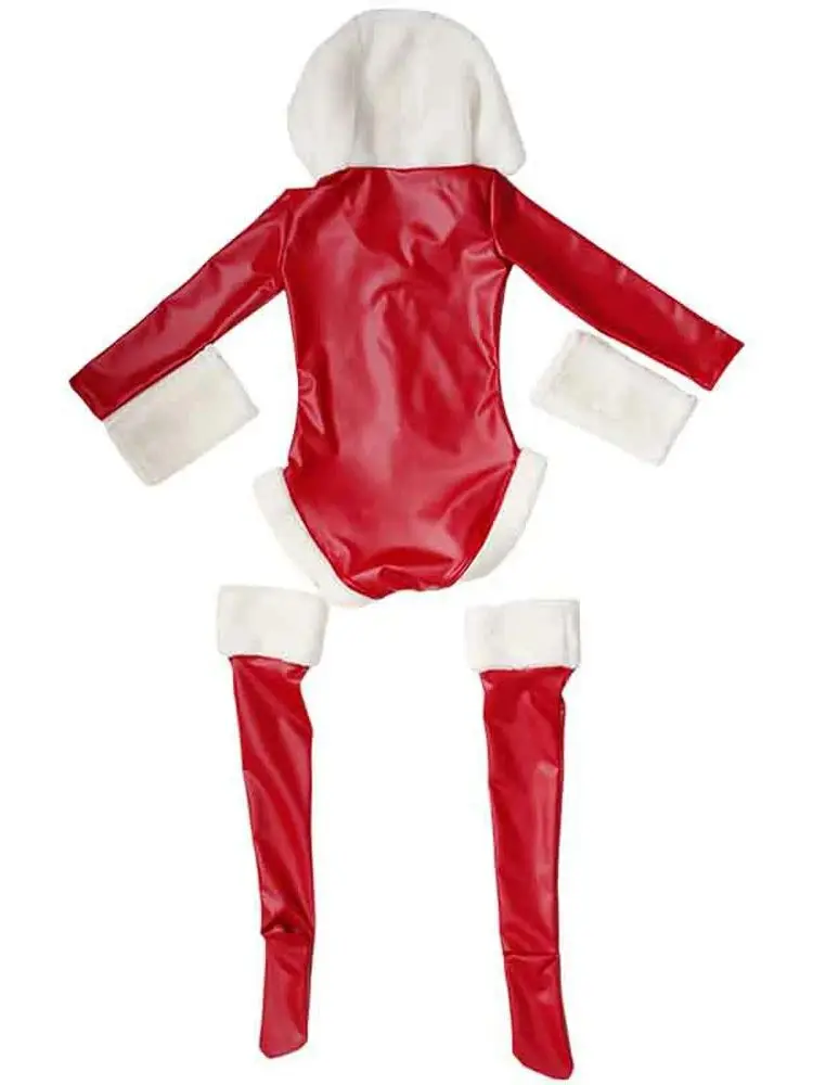 Long Sleeve Elastic PU Leather Hooded Bodysuit Christmas Cosplay Outfit Tights Hot Sexy Body Teddies Clubwear Stockings Leotard