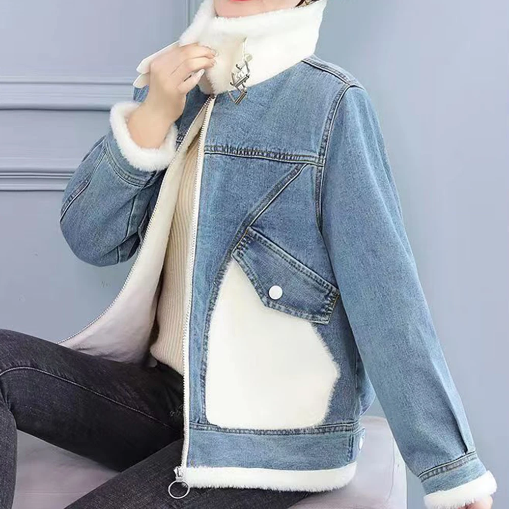 2025 winter new lamb wool plush loose denim jacket women's fashion casual retro versatile wool coat