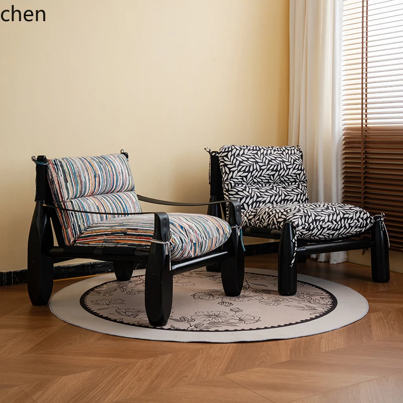 ZML sofa solid wood single chair household living room striped fabric single leisure chair