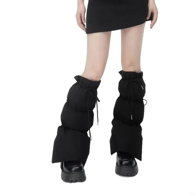 L5YC Winter Warm Puffer Leg Warmers with Drawstring Adjustment Baggy Loose Boot Covers Fashion Leg Covers Knee Length Socks